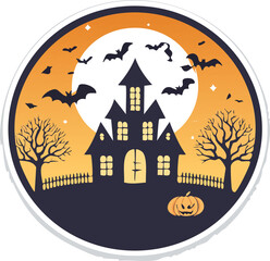 Vector badge set with Halloween silhouettes with haunted house, full moon, bat, and tree