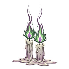 Two Candles with Green and Purple Flames on Black Background