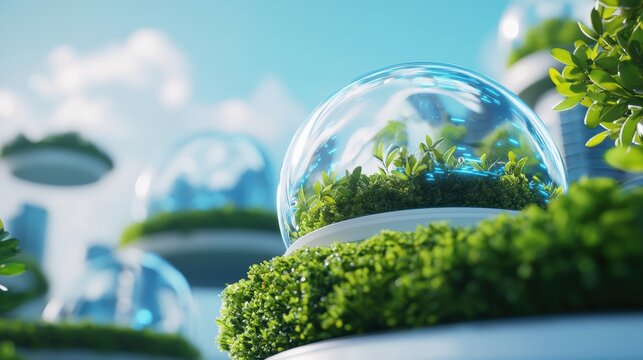 Future Virtual reality rendering of a future city with space age architecture and holographic displays.