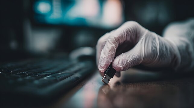 A gloved hand inserts a USB flash drive into a computer port symbolizing data transfer and security - Powered by Adobe