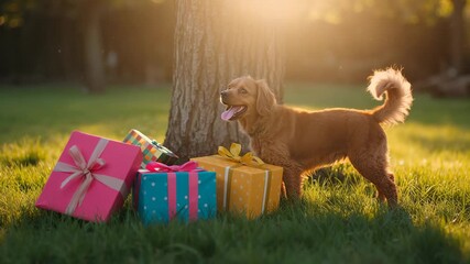 Sunlight drawing golden brown dog sniffing gift boxes, panting and wagging tail on grassy lawn - Powered by Adobe
