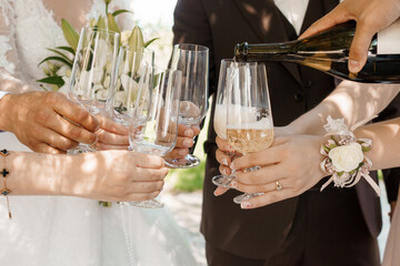 Elegant Wedding Champagne Toast: Celebrating Couple with Sparkling Wine Glasses, Outdoor Reception, Warm Sunlight, Ivory and Brown Tones, Joyful Moment.