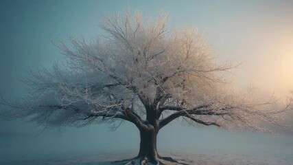 Zooming camera following dawn light warming frost-coated tree branches in snow-dusted field - Powered by Adobe
