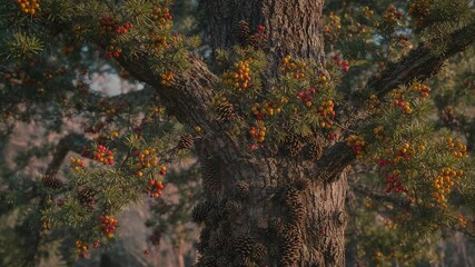 Pulling camera back panning outward in forest, revealing trunk with pine cones red yellow berries - Powered by Adobe