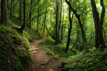 Obraz premium Sunlit Forest Path with Lush Greenery and Tall Trees in Warm Light