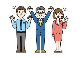 笑顔で喜ぶ、若いビジネスマンとビジネスウーマンと社長の全身ベクターイラスト素材セット＿カラー