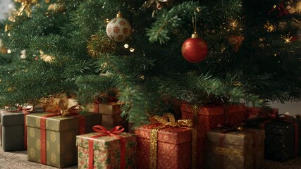 Tilting camera upward from base of Christmas tree at home, capturing gifts and glowing ornaments - Powered by Adobe