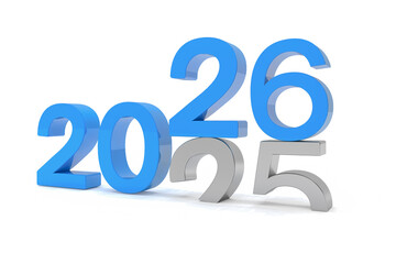 3d render of the numbers 2026 and 25 in blue over white background. The number 26 falls on the number 25 and breaks in it in the ground - vacation concept.