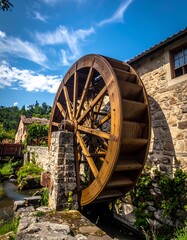 A large wooden water wheel in front of a stone building on a sunny day