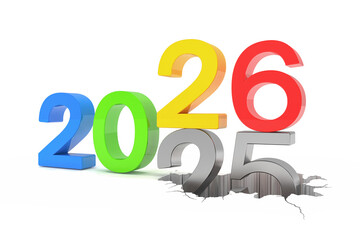 3d render of the numbers 2026 and 25 in colorful over white background. The number 26 falls on the number 25 and breaks in it in the ground - vacation concept.