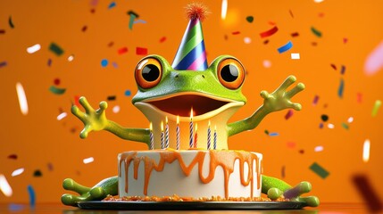 Cartoon frog celebrating birthday, party hat, cake with candles, confetti flying