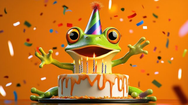 Cartoon frog celebrating birthday, party hat, cake with candles, confetti flying