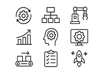 Editable icon set for business automation lines. process, business model, robotic integration, optimization, and more. Vector artwork with editable stroke.