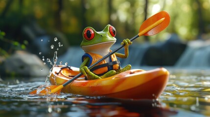 Cartoon frog kayaking on a river, wearing a life vest, splash effect, scenic forest background