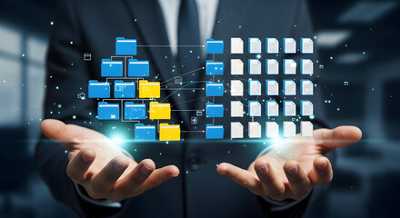 Virtual File Structure — Hands Holding Floating Folders and Document Icons