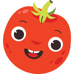 Fototapeta premium Happy Cartoon Tomato Face With Big Eyes And Smiling Mouth Red Fruit With Green Stem On Transparent Background