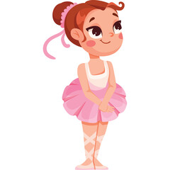 Happy Cartoon Young Girl Ballet Dancer In A Pink Tutu And White Leotard With Pink Ribbons In Her Hair And Ballet Slippers © Arini