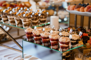 Elegant Dessert Display at Wedding Reception: Chocolate Mousse Parfaits, Glassware, Fruit Platter, Gold Accents, Luxurious Event Catering Style