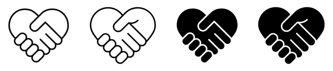 Heart shaped handshake icons representing unity, partnership, friendship, and teamwork. Perfect for business, charity, and relationship concepts.