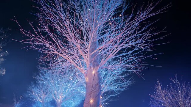 Lights pulsing up leafless tree, camera retreating in nighttime grove showing fairy light strings