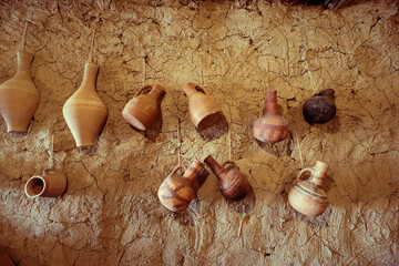 Traditional interior of an old mud house in Saudi Arabia, featuring handmade, a vintage. Heritage and culture Nostalgia background