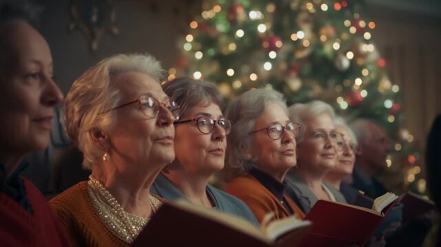 Panning camera over senior choir singing from red hymnals with conductor in hall by Christmas tree