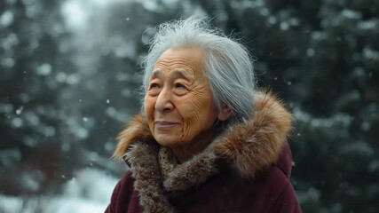 Noticing snowflakes, senior woman turning head tracking flurry in snowy grove with fur-lined coat