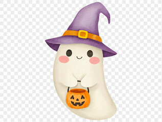 Watercolor cute ghost wearing purple witch hat holding pumpkin bucket, adorable Halloween illustration.vector