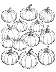Line art illustration of various pumpkins in a scattered arrangement