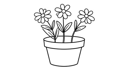 Line art image of three daisies in a flowerpot