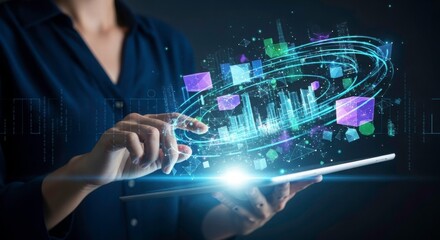Digital Innovation: A person skillfully manipulates a digital interface on a tablet. Data streams and digital objects appear as a window into the digital world. The image represents the innovation.