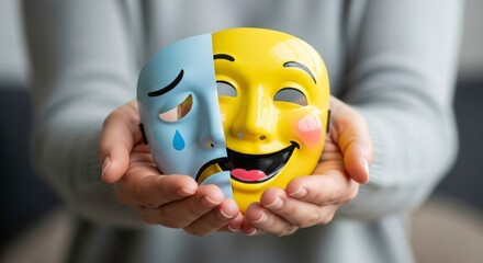 Dual Emotions: A pair of masks represents the contrasting facets of human emotion, held gently in cupped hands, evoking a sense of introspection and the complex nature of feelings.