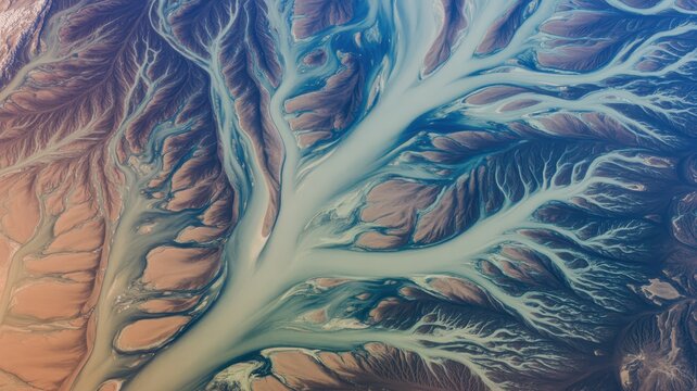 Aerial view of river delta with branching water channels