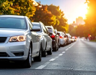 Line of cars in traffic with sun overhead during the golden hour