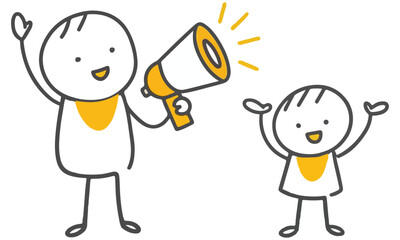 Simple and cheerful stick figure illustrations featuring characters holding megaphones and waving. Perfect for communication graphics, announcements, presentations, social media posts .