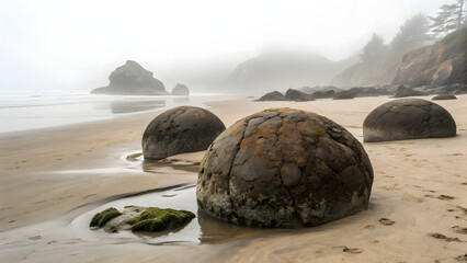 A misty, moody beach scene featuring large, spherical boulders scattered across the wet sand. The boulders, covered in patches of moss and seaweed, dominate the foreground,