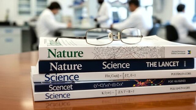 A stack of scientific journals on a wooden table in a laboratory with researchers working in the background