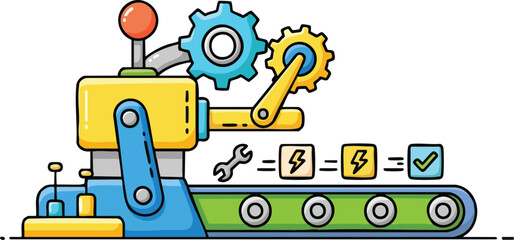 Cartoon manufacturing machine with gears and conveyor belt processing items and producing a checkmark illustration