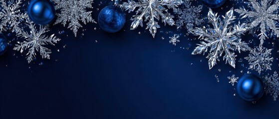 Elegant Christmas background with silver snowflakes and blue ornaments on dark blue backdrop Festive winter holiday season decoration with copy space for greeting card