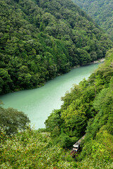 天竜川の峡谷を走る飯田線の列車