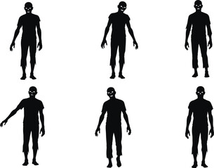 Zombie silhouettes, creepy undead figures, glowing eyes, horror poses, Halloween vector, eerie shadows, scary monsters, dark theme, spooky character design, illustration