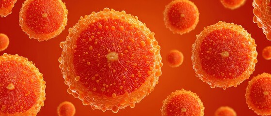 Microscopic view of vibrant orange virus cells with spiky surface on orange background Concept of disease, infection, and medical research