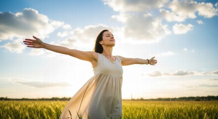 Embracing Freedom Under the Sun: A woman stands arms outstretched in a sunlit field of wheat, reveling in the serenity of nature. capturing feelings of liberty and peaceful connection with nature.