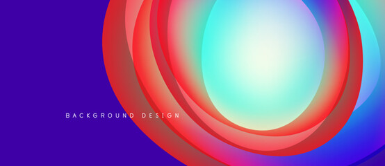 Abstract colorful layers create dynamic visual effect. Gradient circles overlap purple backdrop. Modern design element.