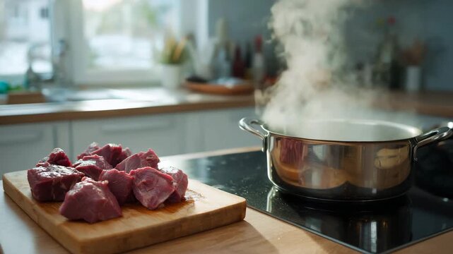 Cooking in a bright, modern kitchen. A pot of water simmers on the stove, and coarsely chopped raw meat lies on a wooden board.