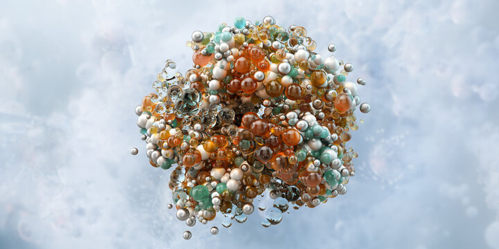 Abstract protein cluster or biological particles structure. Peptide chains, enzymes. Biotechnology, biomolecular organization, pharmaceutical research, tertiary protein folding, drug development 3D