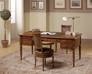 Single shot photo of a room with a wooden desk, classic style