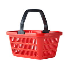 Fototapeta premium Bright red plastic shopping basket with black handle isolated on transparent background