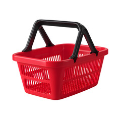 Fototapeta premium Red plastic shopping basket with black handles isolated on transparent background
