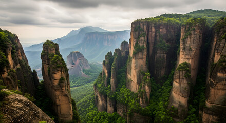 Dramatic sandstone pillars and forested peaks under a cloudy sky in a mountainous landscape